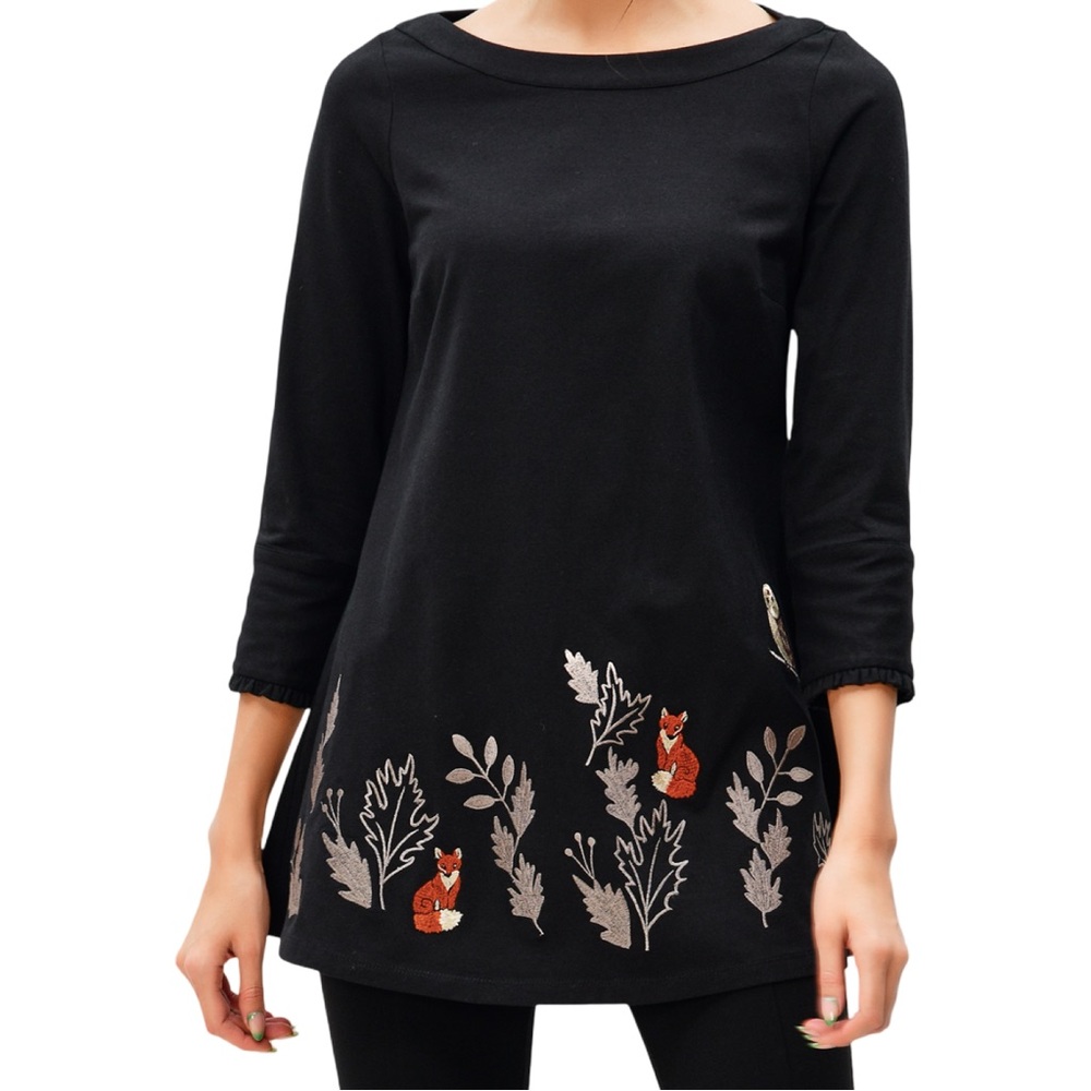 eShakti Women’s Wayward Fancies‎ Black Fox & Owl Embroidery Cotton Jersey Tunic